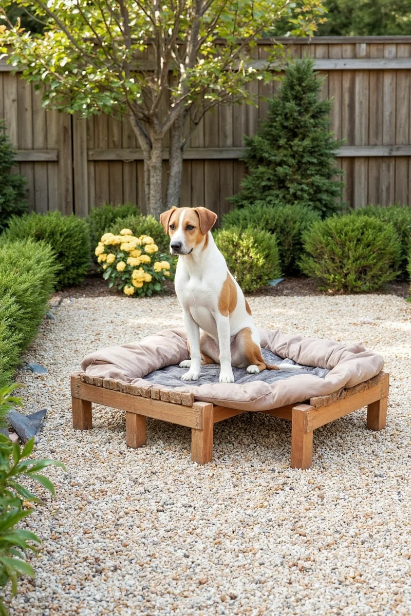 Custom-built wooden dig pit filled with sand surrounded by gravel yard