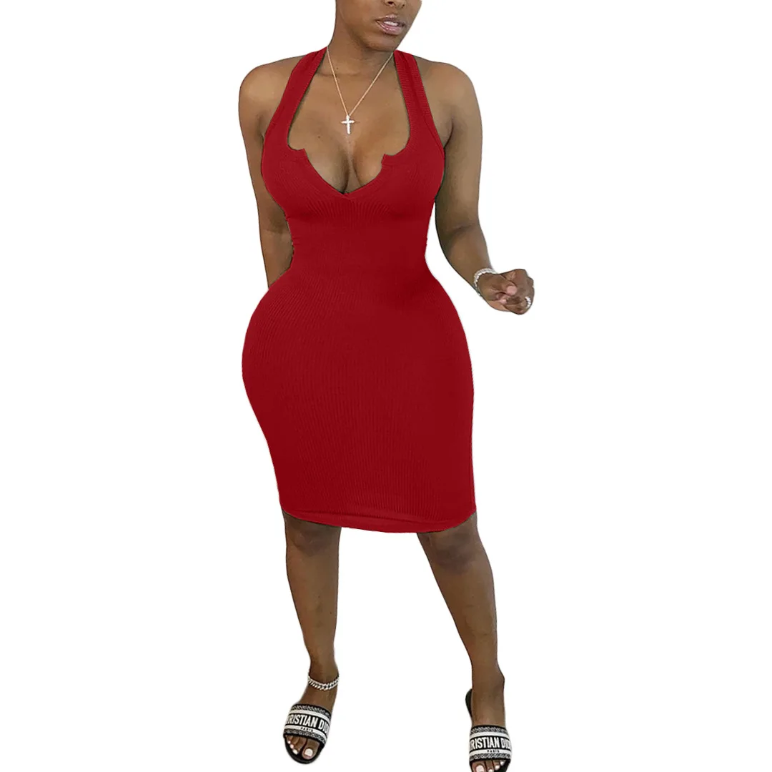 

2021 summer women clothing New Arrivals Summer Solid Ladies Bodycon Vest Dresses Casual Deep V Neck Mini Dress, Picture shown