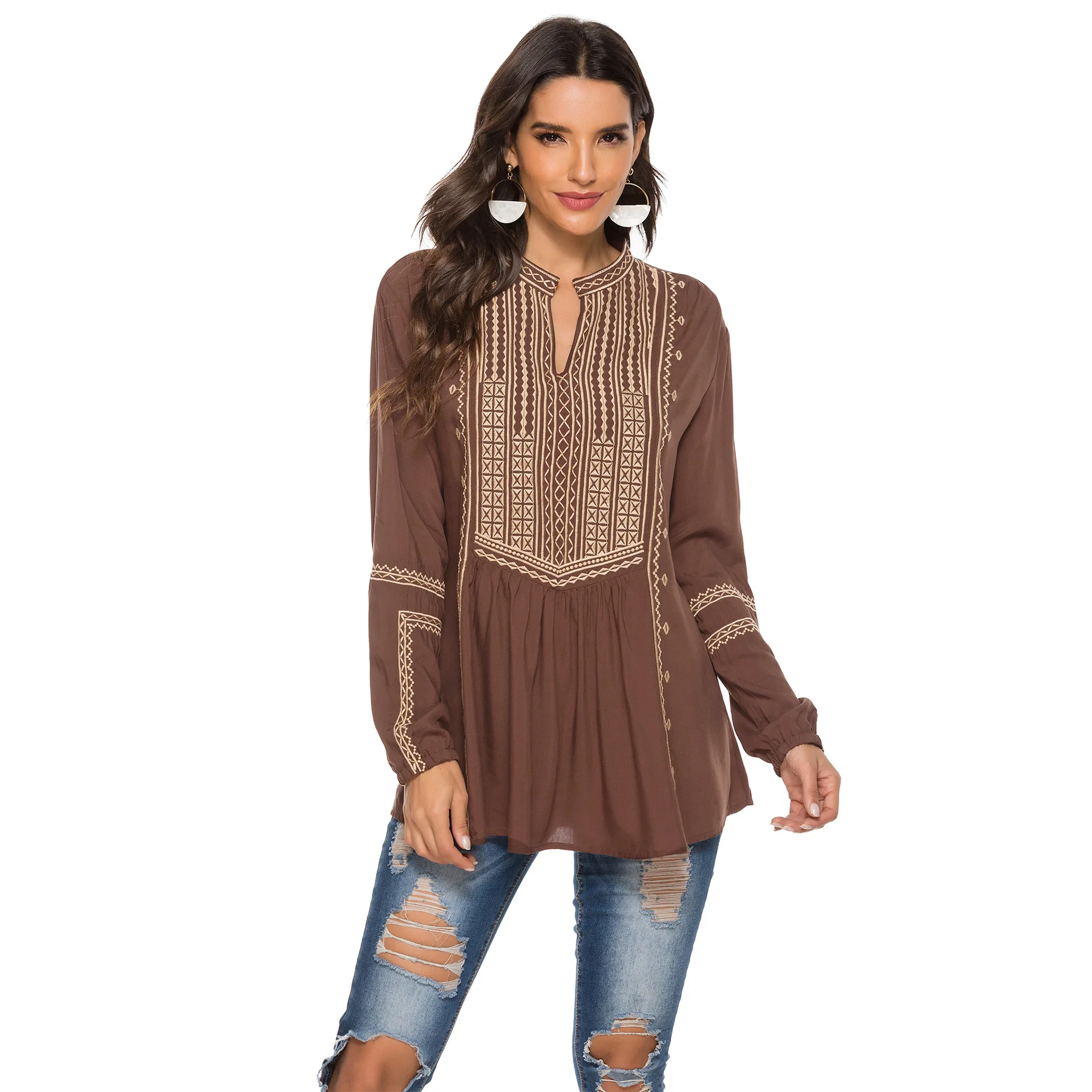 

Long sleeve cotton shirt popular embroidery women's top loose casual foreign trade shirt