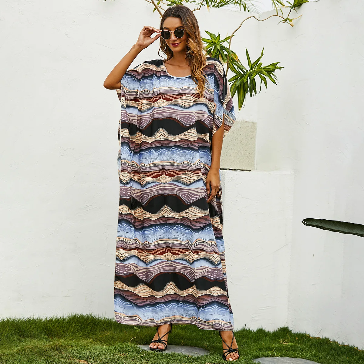 

Spring Summer European Dress Plus Size Printing Crew Neck Loose Long Robe For Vacation Women Middle East Dress, Picture color
