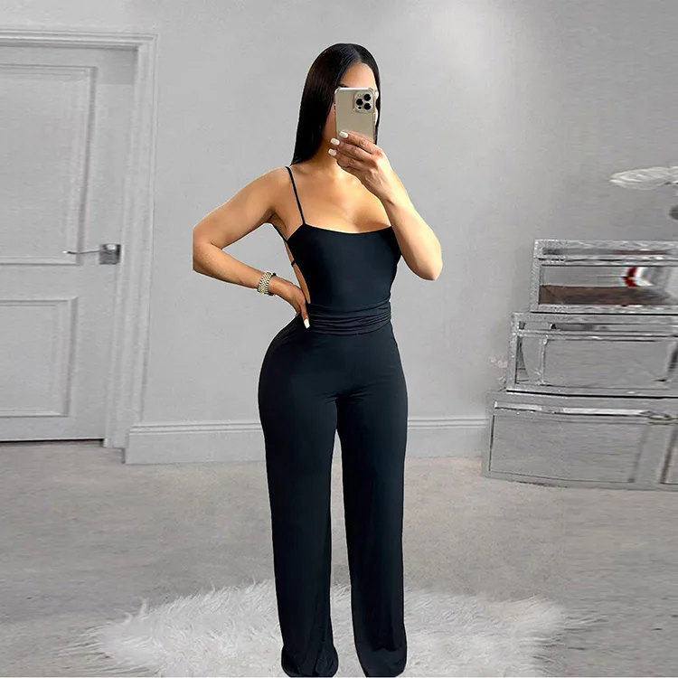 

Solid Pleated Backless Sleeveless Jumpsuit For Ladies Summer 2021, Gray,brown