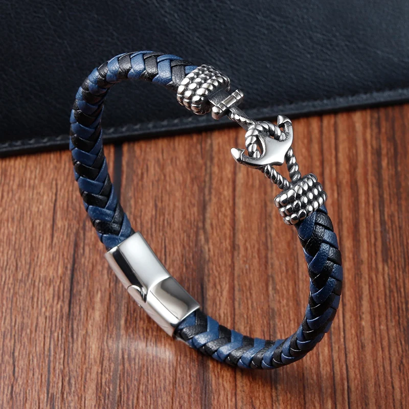 

2022 New Wholesale Luxury Men'S Magnetic Clasp Anchor Jewelry Braided Bracelet Real Leather Bracelet With custom laser logo