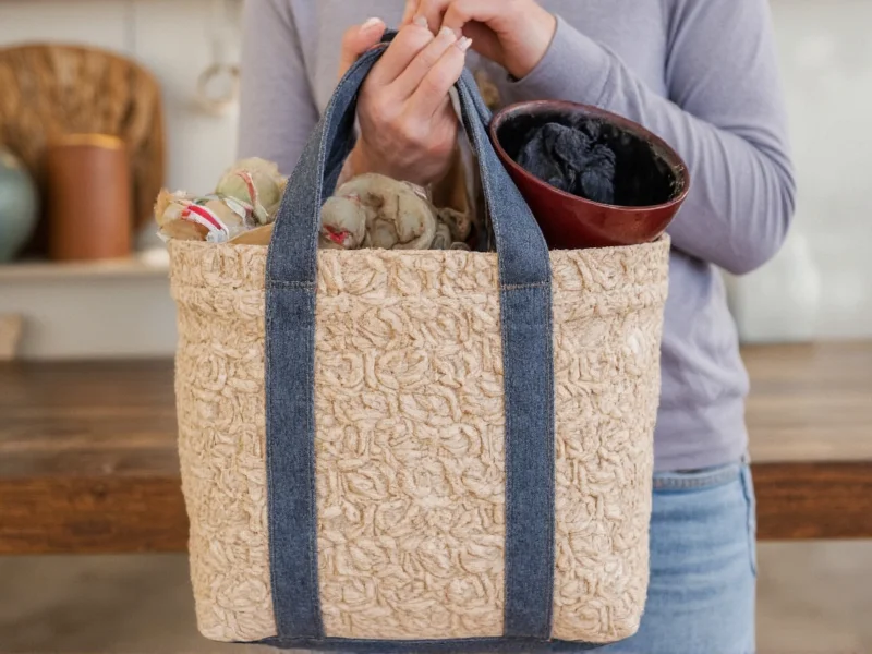 Hand holding reusable tote bag filled with handmade pottery and textiles