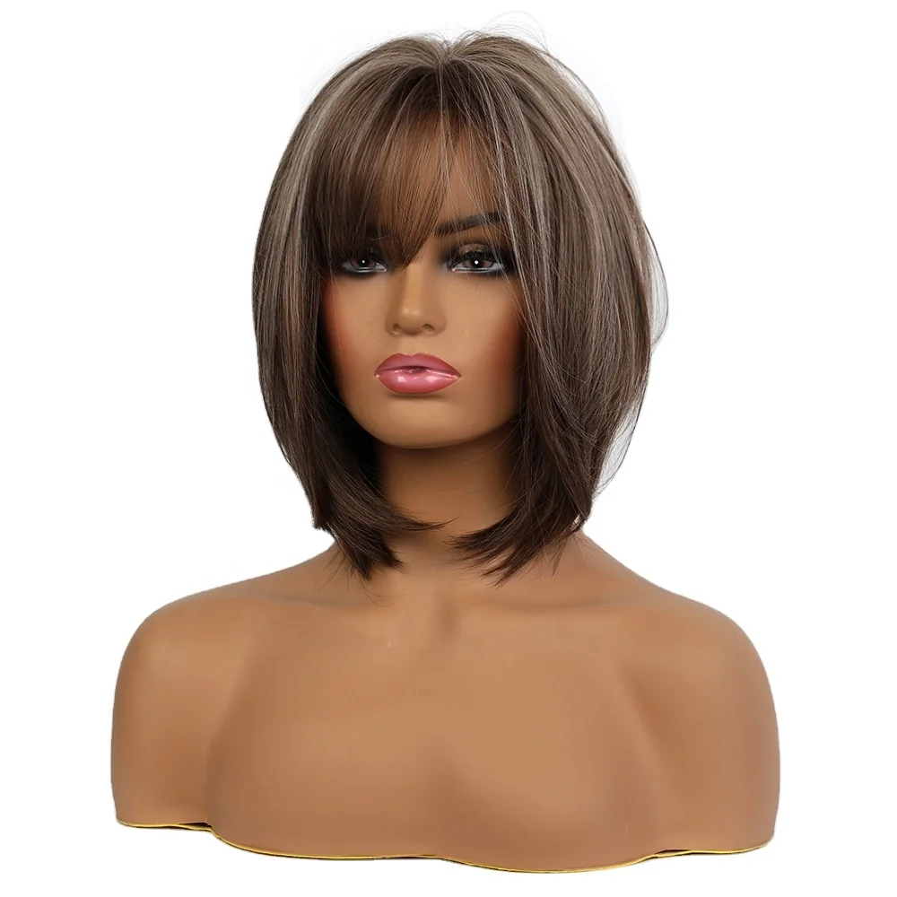 

BVR Mixed Brown Color 14 Inches Neat Bangs Straight Short Bob Hair Wigs for Woman