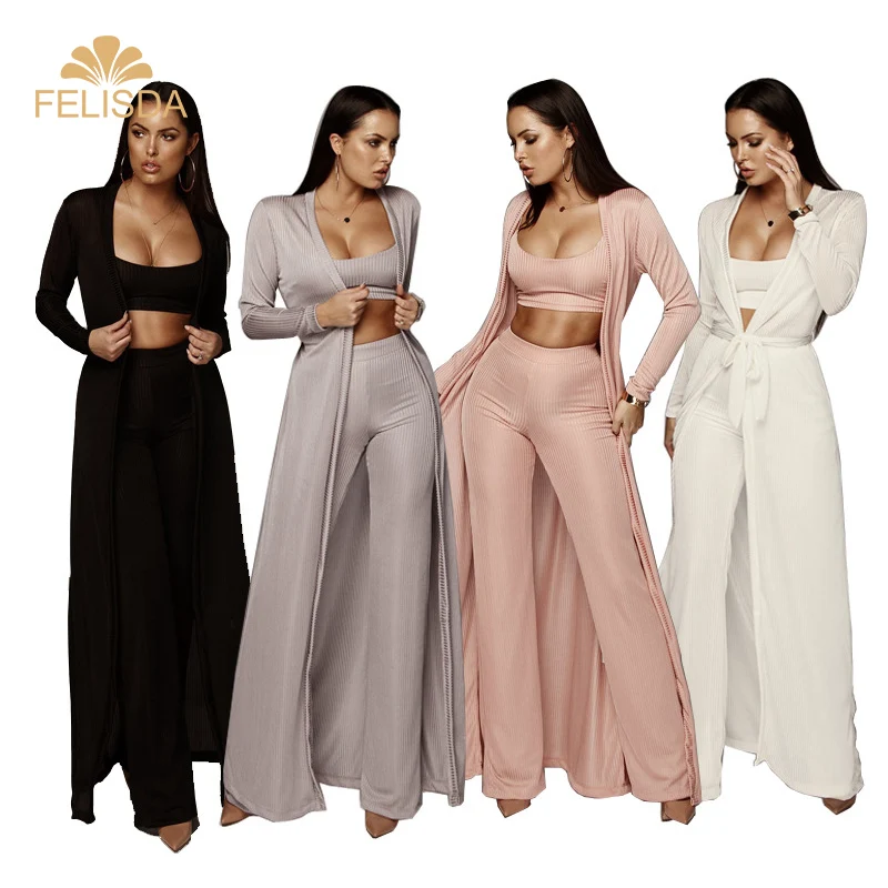 

Women Knitted 3 Piece Set Spaghetti Strap Crop Top High Waist Pant Long Sleeve Cardigan Overcoat Suits Belt Autumn Streetwear