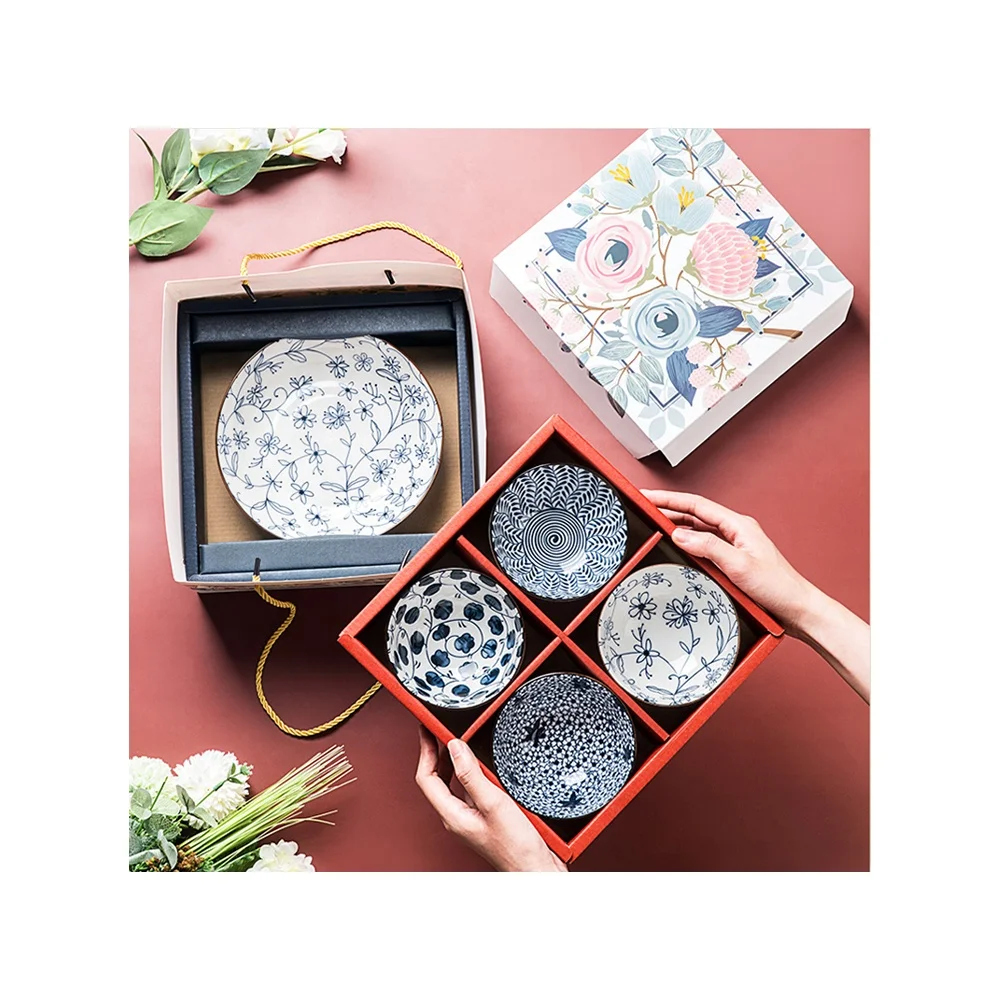 

6-piece blue and white porcelain ceramic tableware 4 bowl 2 Plates with exquisite double-layer portable design gift box