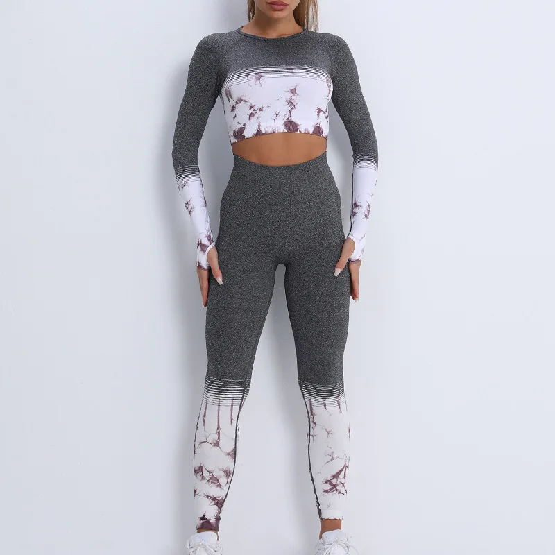 

New gradient sports suit quick-drying slim fitness suit seamless tie-dye yoga suit