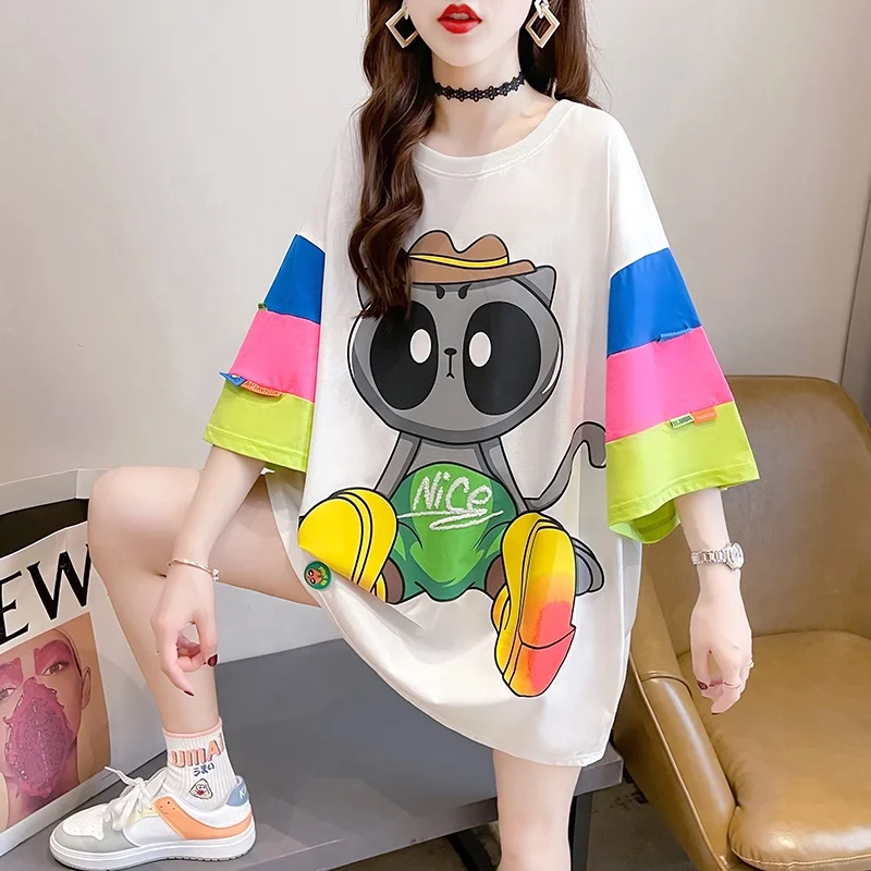 

2021 summer new style Korean mid-length short-sleeved loose cotton T-shirt for women plus size printing half sleeve top women