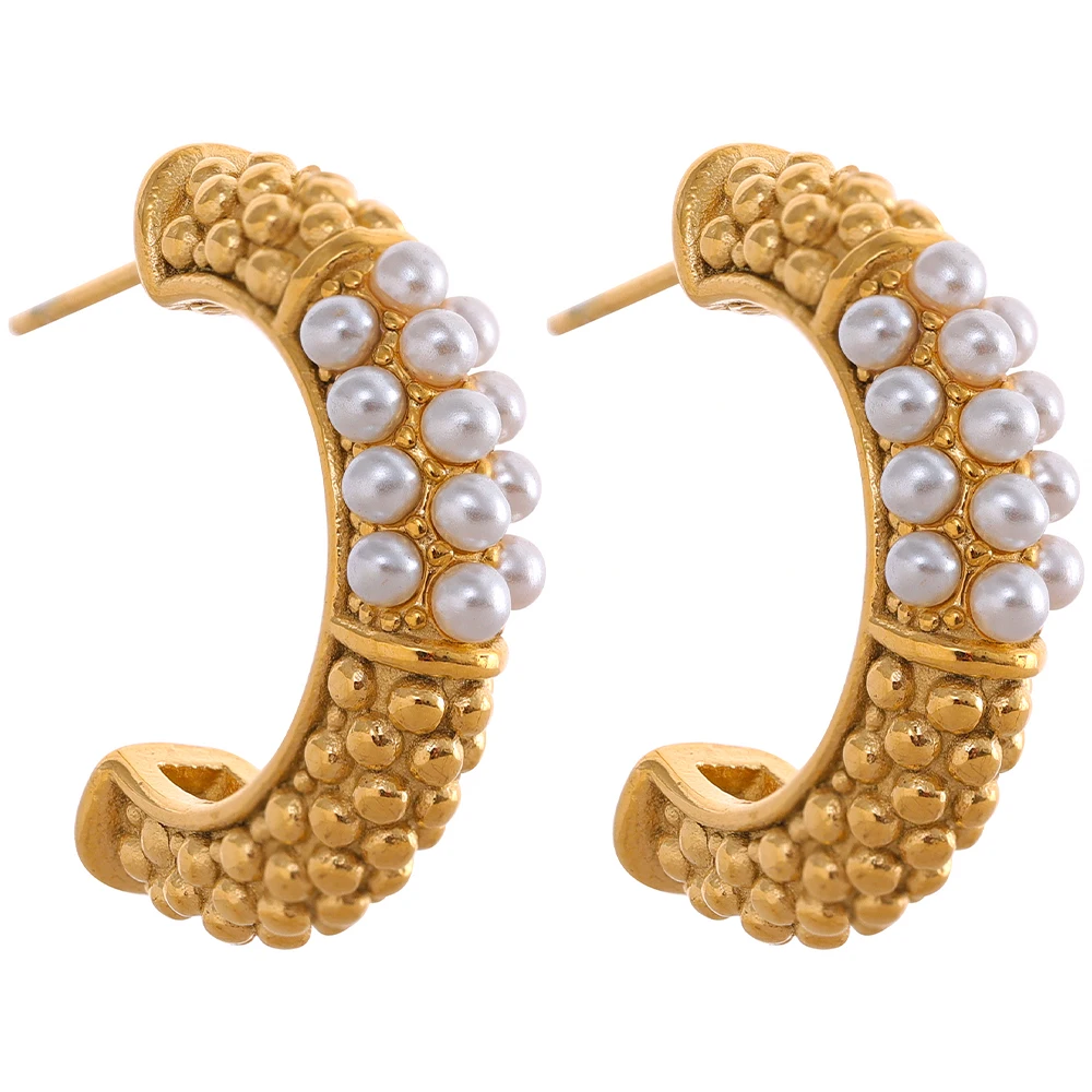 

JINYOU 285 New Cast Stylish Imitation Pearls Geometric Stainless Steel Waterproof 18K Gold PVD Plated Hoop Earrings Jewelry