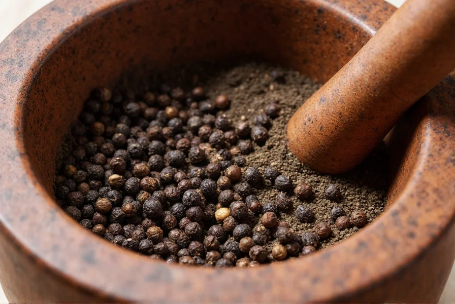 Chef grinding fresh black peppercorns into a mortar with pestle, close-up showing texture difference between whole peppercorns and ground pepper