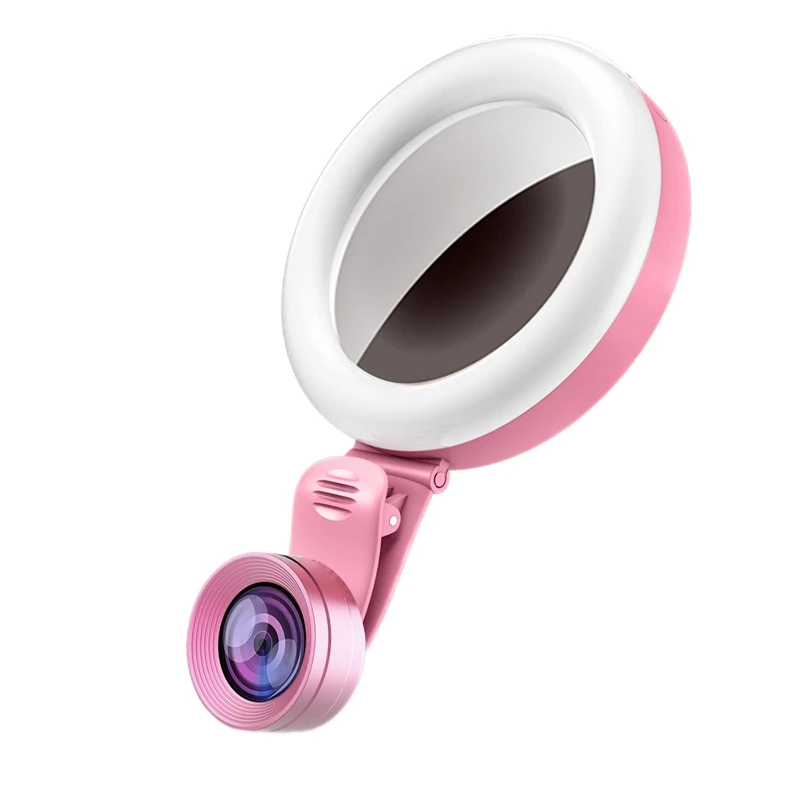 

Rechargeable Selfie Ring Fill Light Lamp Phone Camera Lens with Makeup Mirror Wide Angle Macro Lens LED Adjustable Brightness, Pink
