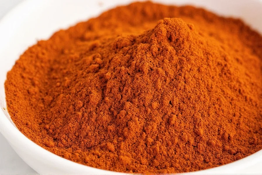 Close-up of vibrant red chipotle chili powder in a wooden spoon against rustic kitchen background