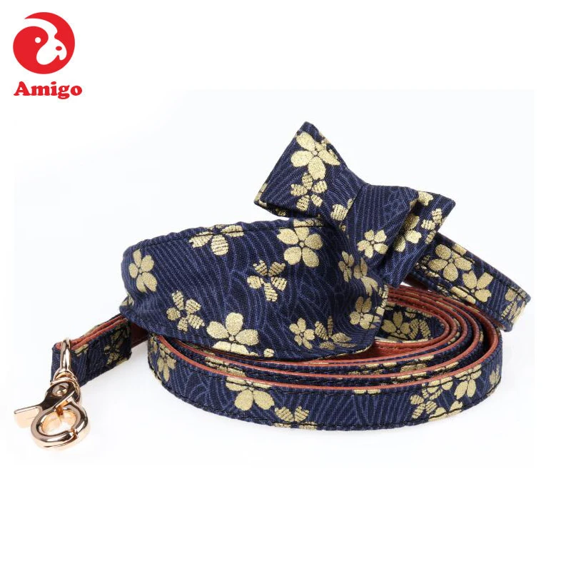 

Amigo Japanese style print sakura logo personalized custom adjustable leather pet scarf bandana designer dog collar and leash, Golden red, dark red, light purple, dark blue, navy blue