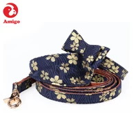 

Amigo Japanese style print sakura logo personalized custom adjustable leather pet scarf bandana designer dog collar and leash
