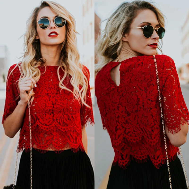 

2021 Fashion Women Ladies Clothing Tops Red Loose Blouse Women Short Sleeve Tops Shirt