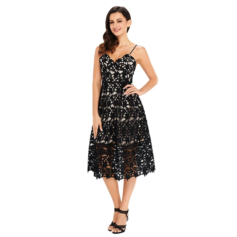 

Sexy Solid Color Club Evening Lace Hollow Out Nude Illusion Party Dress