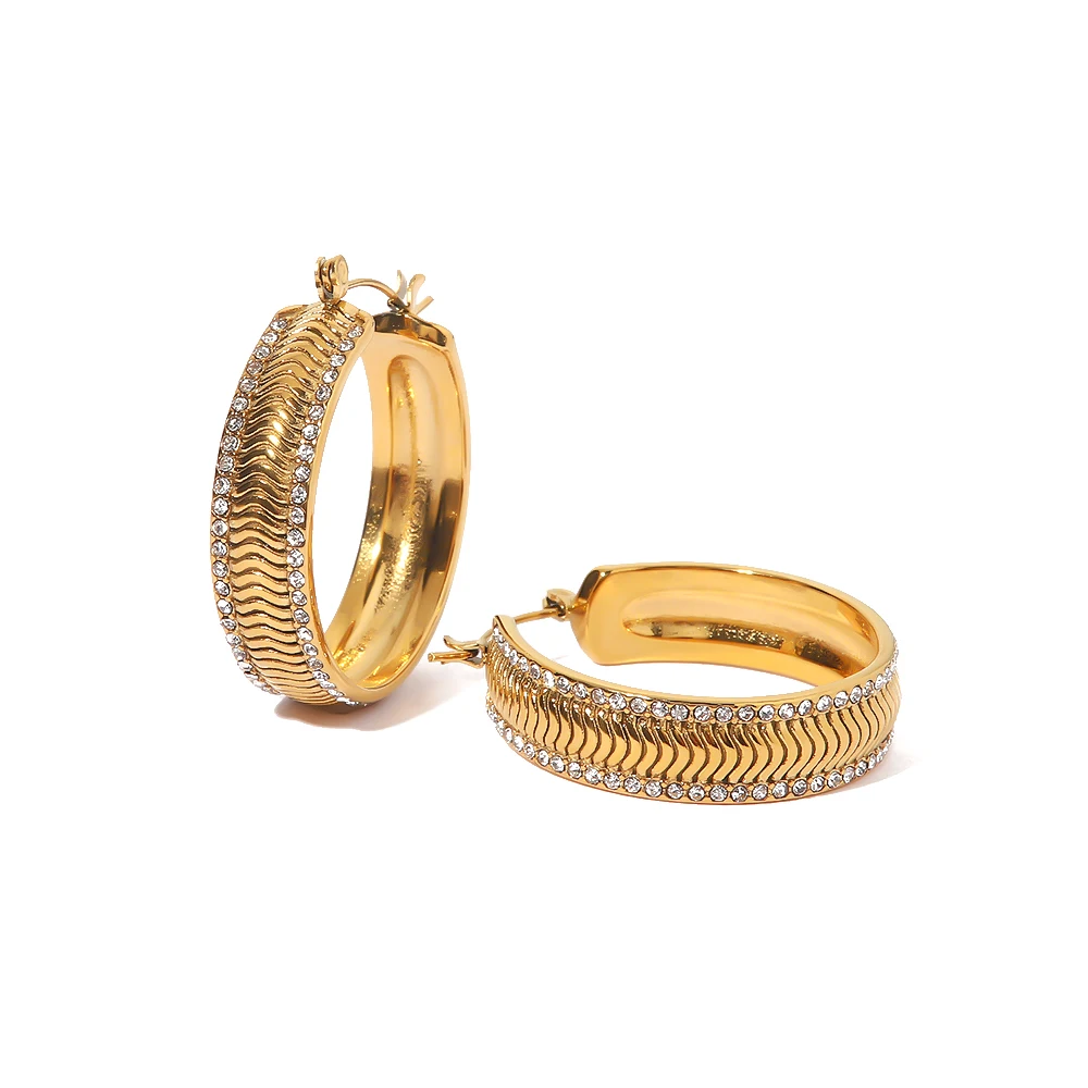

Trendy Stainless Steel Zircon Inlaid CC Wave Shape Earrings Dainty 18 k Gold Plated Jewelry Hoop Earrings