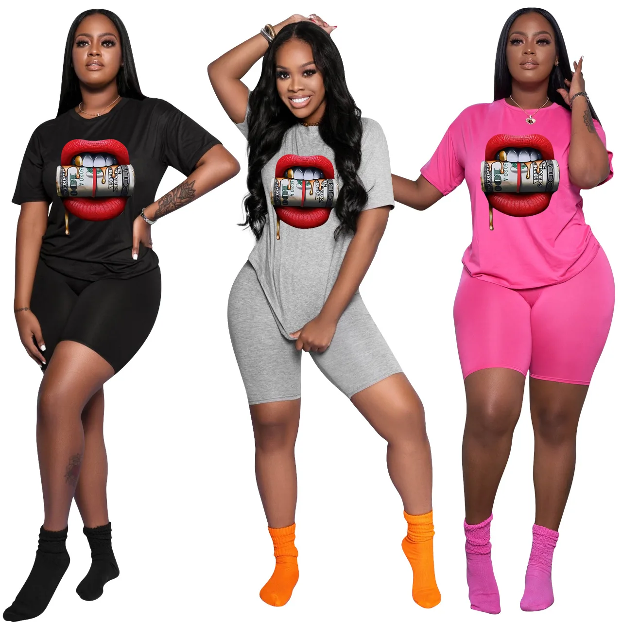 

New Arrivals Graphic Print O Neck Short Sleeve Top And Solid Shorts Casual Two Piece Set Outfit jogger Women Summer Set, Black,pink,gray