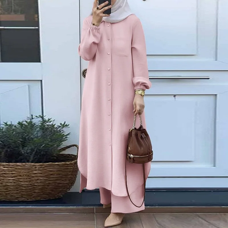 S-5XL Muslim Large Women's Autumn Loose Style Commuter Long Two Piece Set Turkey Dubai Abaya Shirt Set IsIamic Outifits