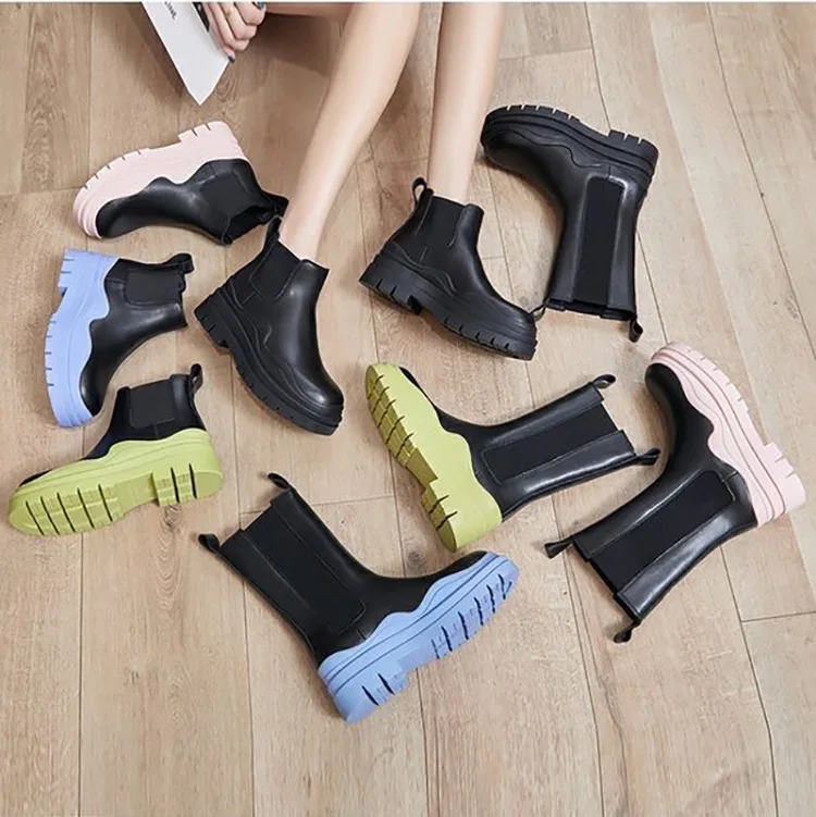 

Autumn Fall Winter Fashion 2021 Round Toe Slip On Martin Boot Punk Style Leather Shoes Chunky Chelsea Boots Woman, Multi colors