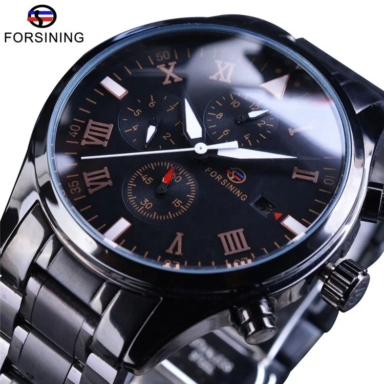 

Forsining Black Stainless Steel Calendar Luminous Display Mens Watch Top Brand Luxury Automatic Wristwatch