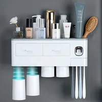 

Family Household Magnetic Plastic Tooth Brushing Gargle Cup Automatic Toothpaste Dispenser & Covered Toothbrush Storage Holder