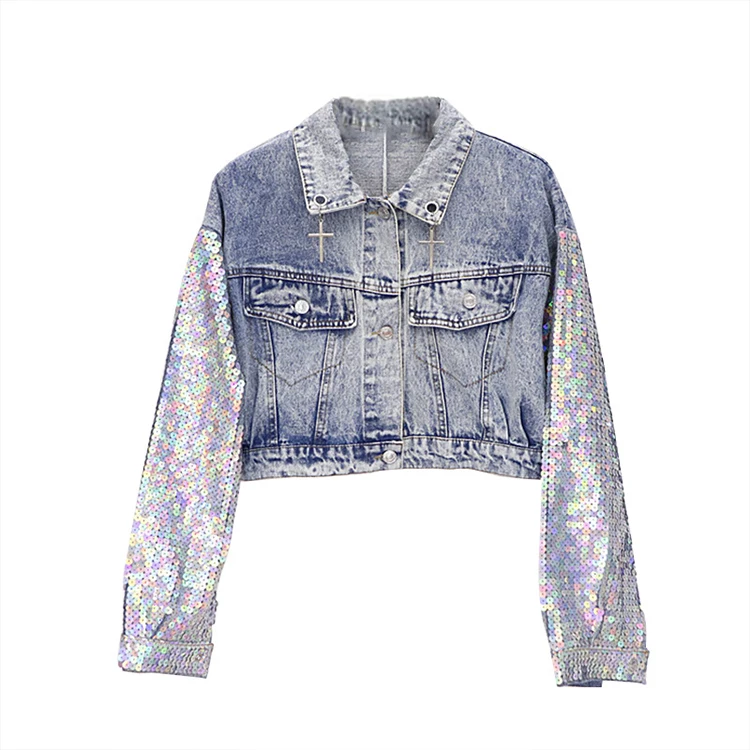 

Bulk wholesale fashion long sleeves denim jacket casual jacket with sequins patchwork for women