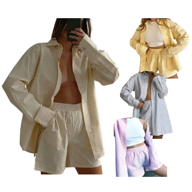 

Fashion Lady's Loose 2 Piece Shorts Shirt Top Long Sleeve Single Breasted Striped Blouses & Shirts For Women set, Picture