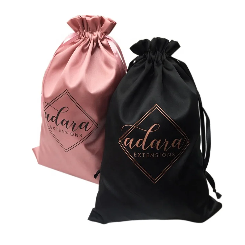 

Wholesale Promotional black Virgin Hair Bags With Drawstring Satin Hair Packaging Bag Silk Drawstring, Customized color