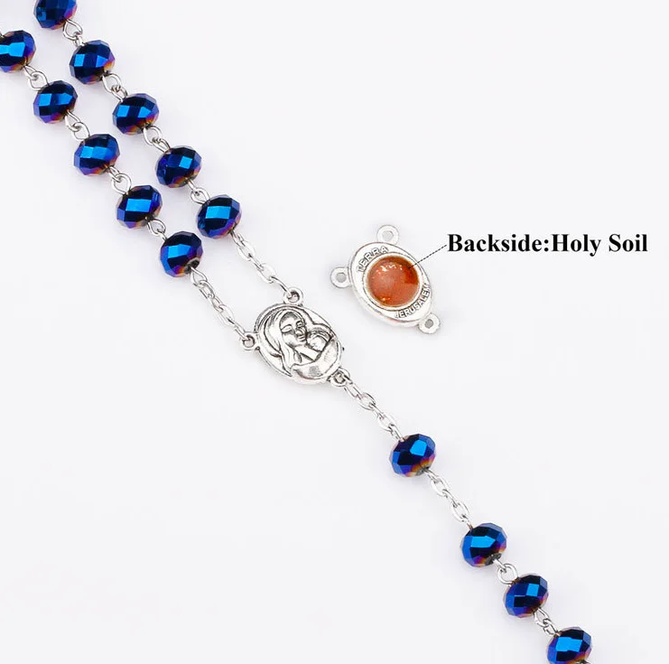 

Deep Blue Crystal Beads Rosary Catholic Holy Maria medal Cross Crucifix Necklace