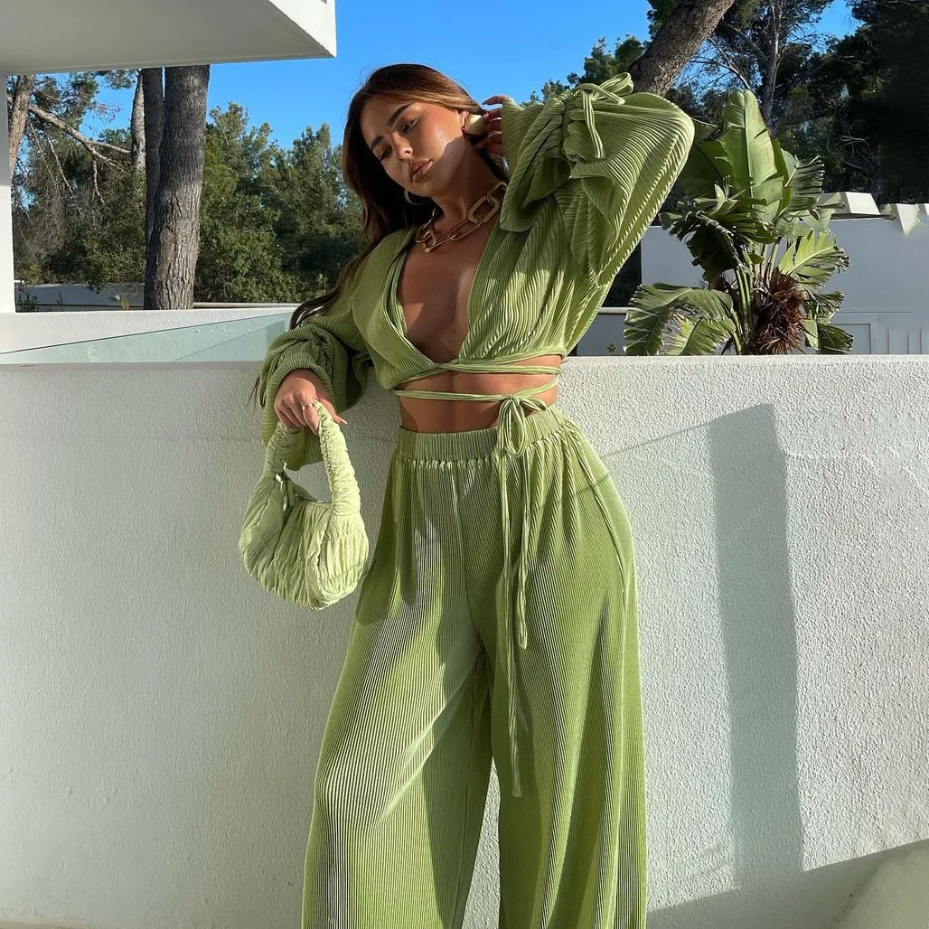 

Enyami Fast Shipping 2022 Spring Summer Elastic Waist Trousers Matching Sets Lace Up Crop Tops Green Pleated 2 Piece Sets, Picture color
