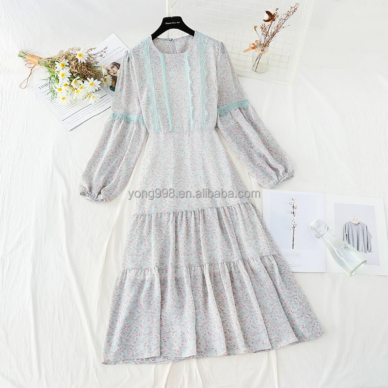 

Spring 2021 hot sale in Europe and the United States round collar print floral bouquet waist slim dress, Customized color