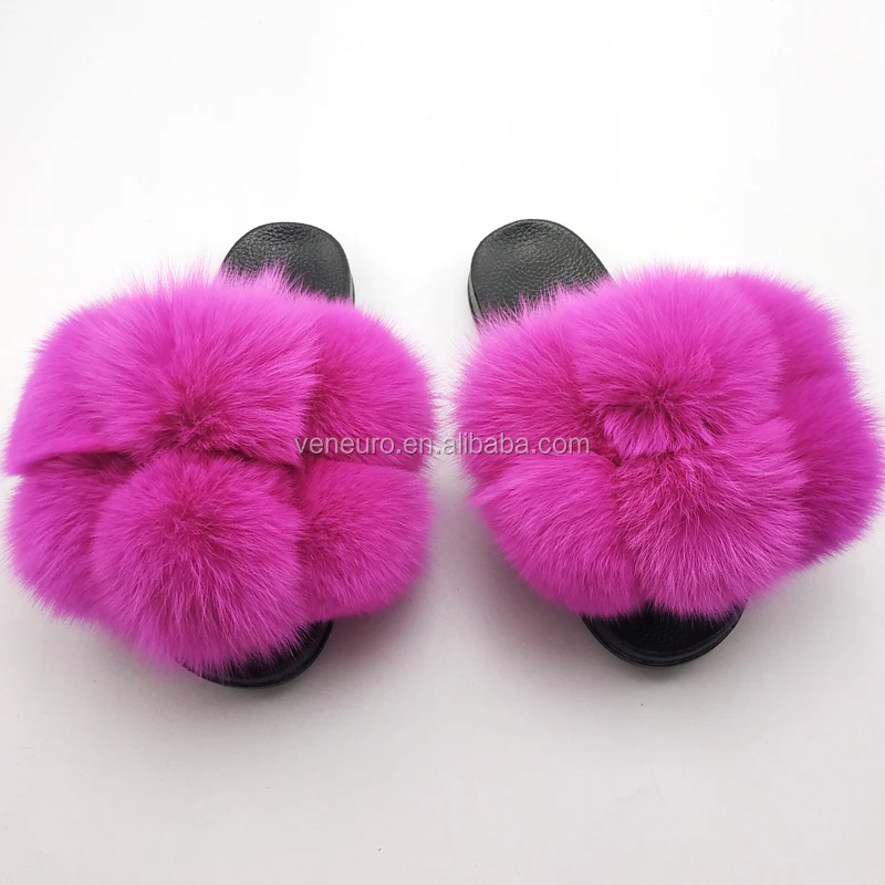 

Fashion Design Women Real hot pink fox fur ball slippers summer women raccoon fur ball colorful Fur ball Slides, Customized color