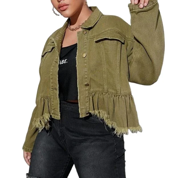

Plus Ruffle Hem Denim Embellished Blank Green Jean Design Jacket