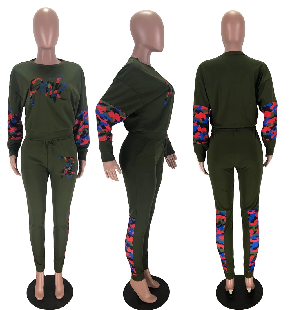 

XM-20121205 European and American women's camouflage stitching embroidery sports two-piece fashion casual suit