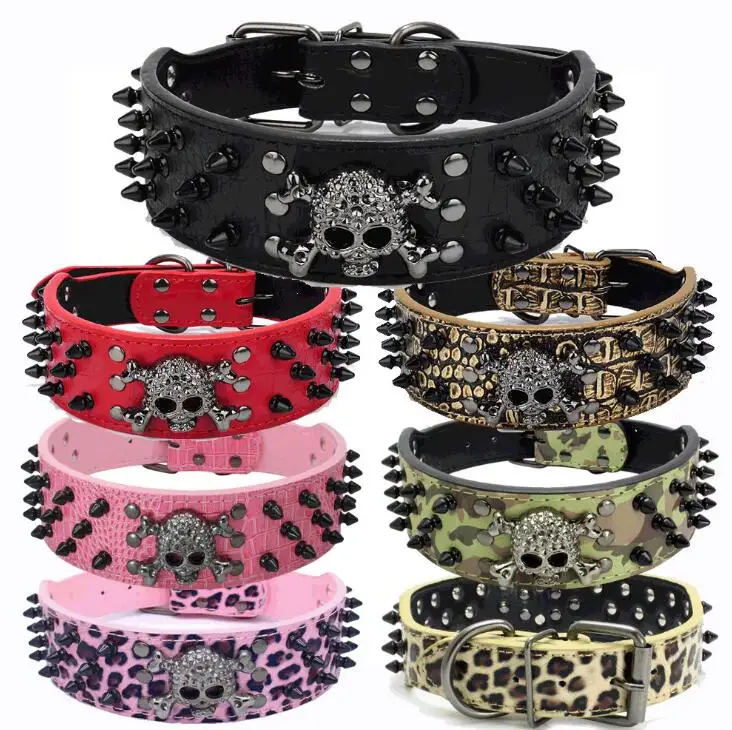 

Halloween black skull rivet pet collar PU dog chain large dog collar