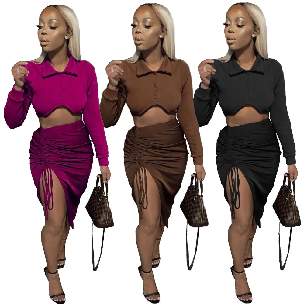 

2021 fall set customize apparel casual long sleeves crop top and mini skirts two piece set outfits
