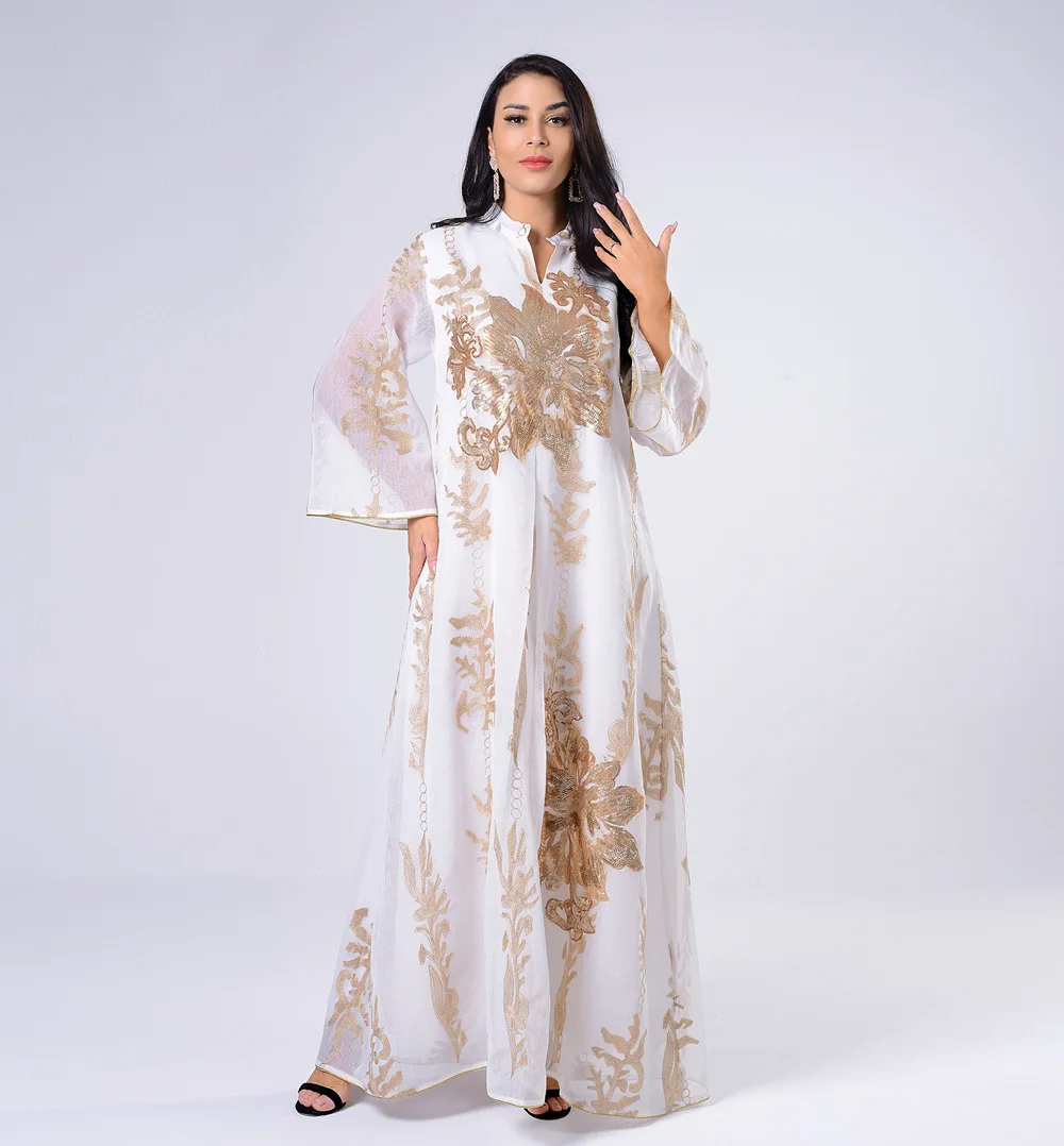 

Eid Mubarak Abaya Middle Eastern Golden Sequin Embroidered Mesh Maxi Dress Muslim Dress Abaya Dubai 2021, White