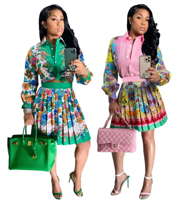 

European and American cross-border supply Amazon popular positioning printing women's shirt pleated skirt suit