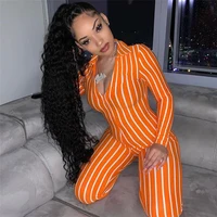 

Stripe Deep V Neck Long Sleeve Skinny Womens Jumpsuits Sexy Bodycon