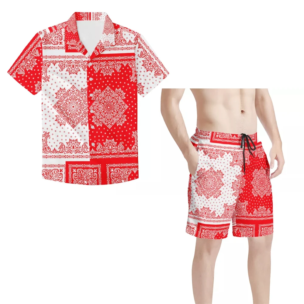 

Plus Size Men's Bandana Print T-shirt and Shorts sets beachwear Custom Paisley Style Shirt and Beach Stretch Waist Pants Suit