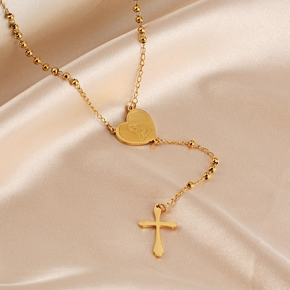 

Religious Prayer Beads Rosarios De Oro Laminado Virgin Mary Heart Shaped Pendant Gold Plated Christian Rosary Necklace