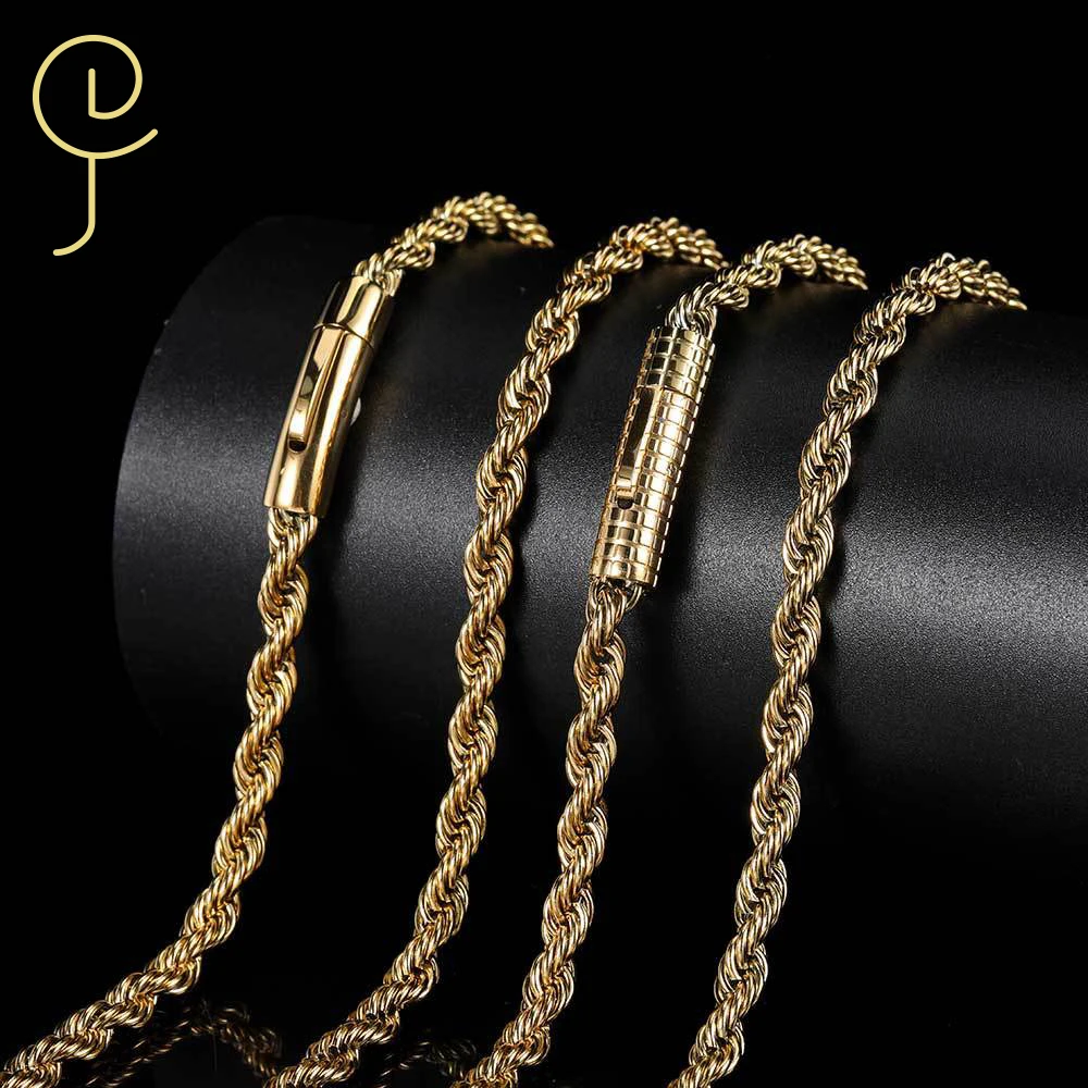 Excellent Jewelry Hip Hop Mens Stainless Steel 18k PVD Gold Plated New Snap Buckle 3mm 6mm Rope Twist Chain Necklace