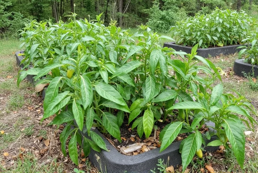 Community garden plot in Dubuque with healthy pepper plants growing in raised beds