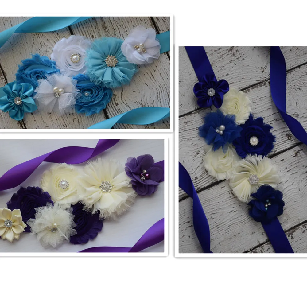 

Custom Fabric Handmade Maternity Baby Shower Flower Dress Sash Bridal Sash Belt For Women, Blue purple
