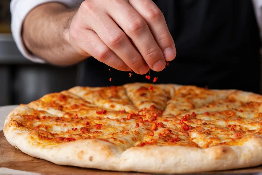 Chef's hand sprinkling red pepper flakes over pizza showing proper usage technique