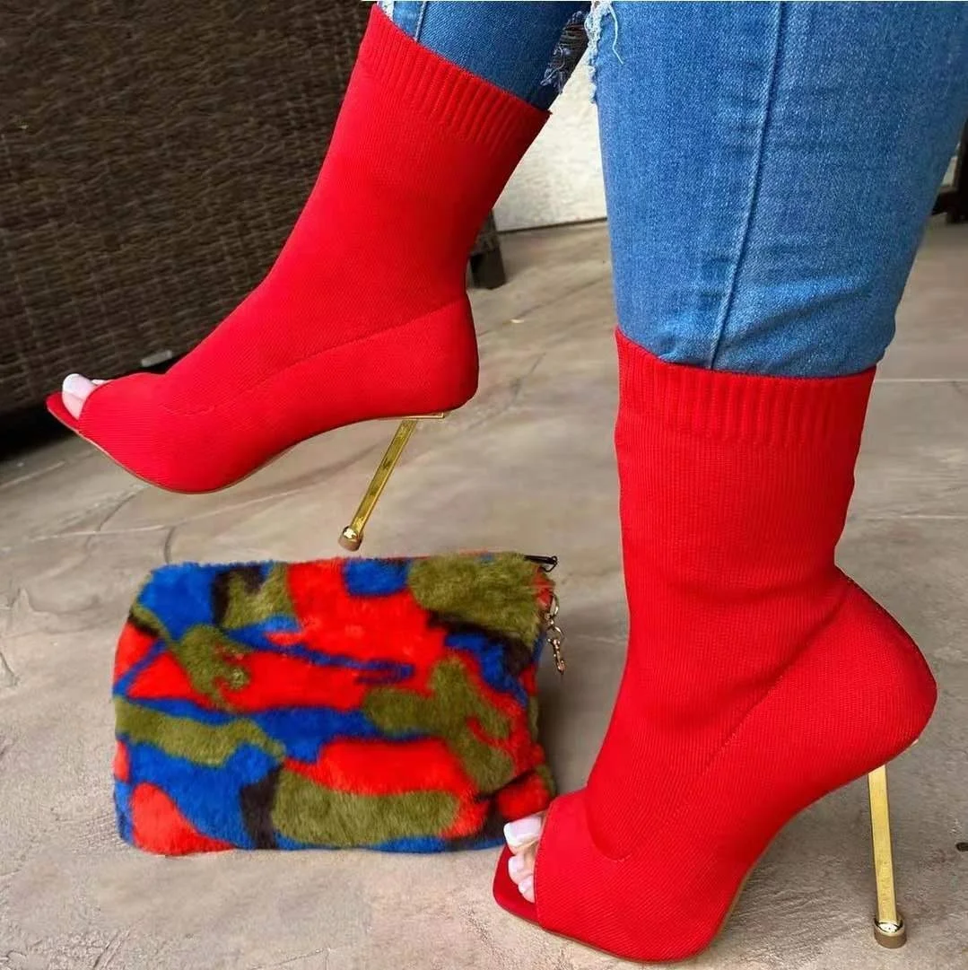 

Spring New Women Sexy Open Toe Boots Stretch Knit Socks Boots Women's Metal Heel Flying Knitted Martin Boots Short, Red / green