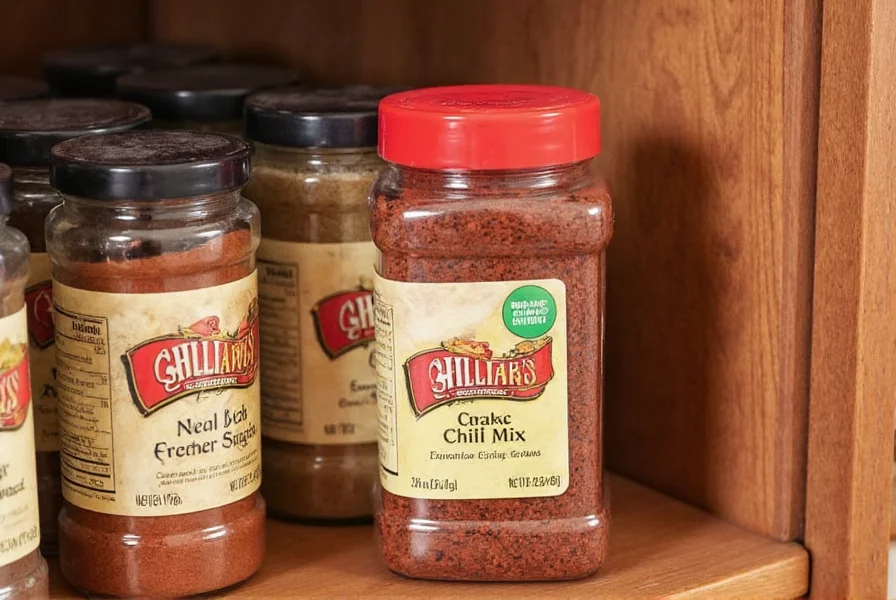 Proper storage of Williams chili mix in airtight container next to other spice jars in kitchen