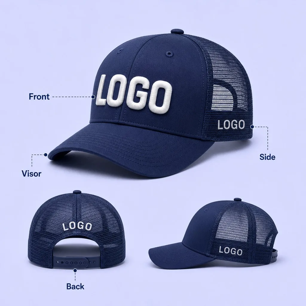 4-Position Custom Placement Diagram Showing Front Crown, Visor, Side Mesh, and Rear Arch
