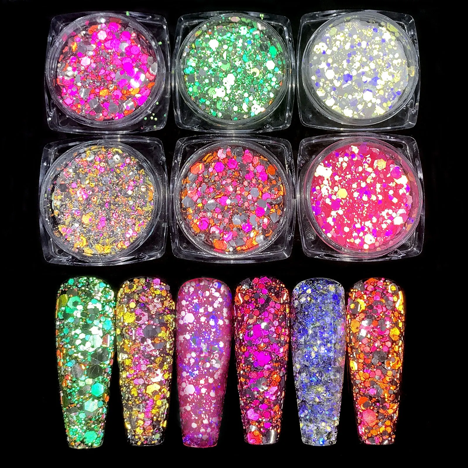 

6pcs Set Super Bright Shiny Nail Charms Reflective Sparkling Flash Powder Nail Sequins